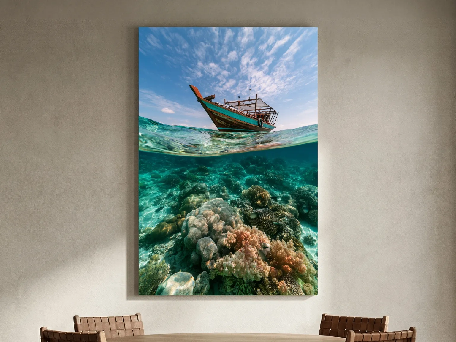 Surreal Tropical Fishing Boat Coral Reef - Underwater Wall Art