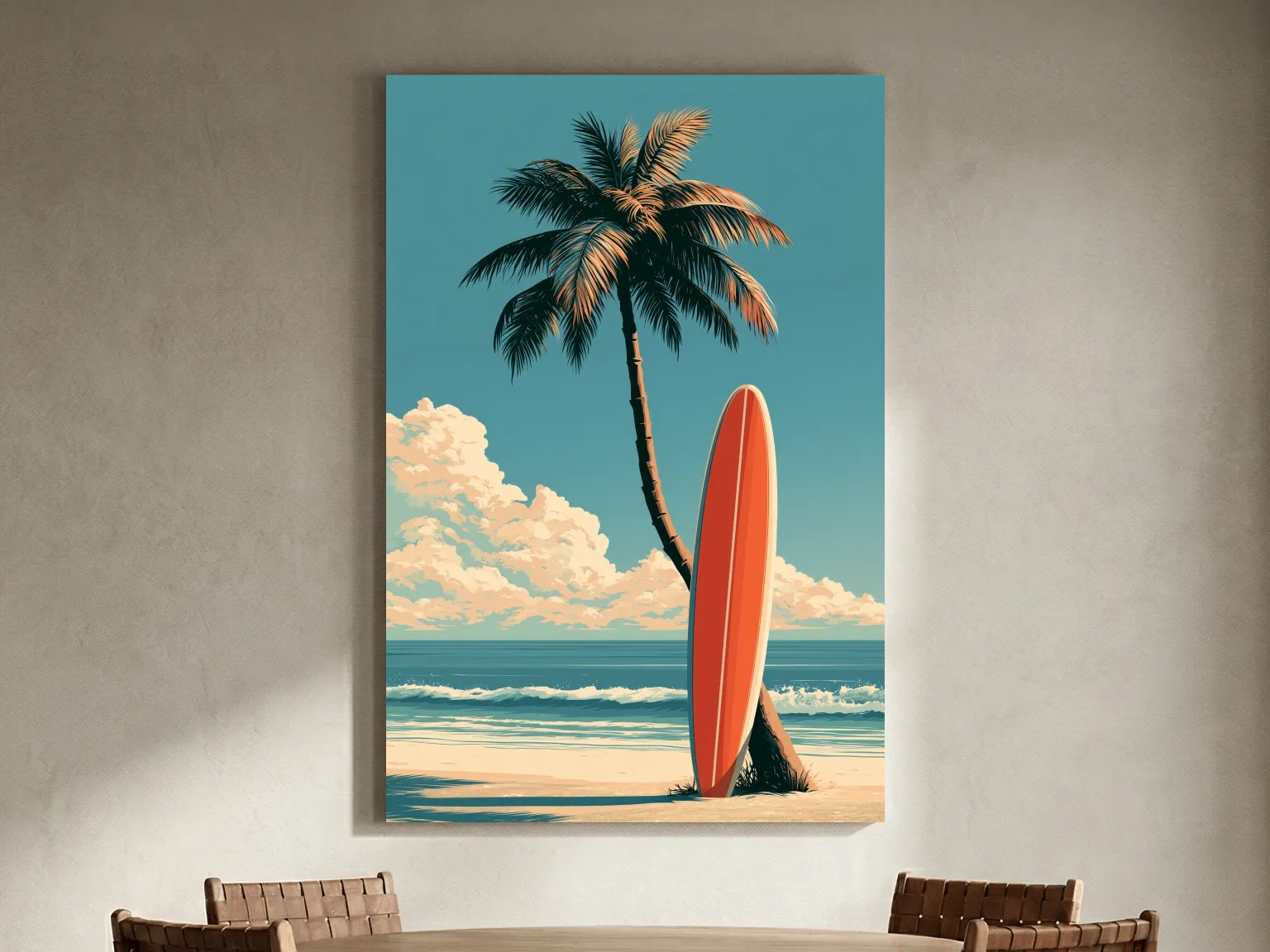 Vintage Surfboard on Palm Beach - Retro Coastal Wall Art
