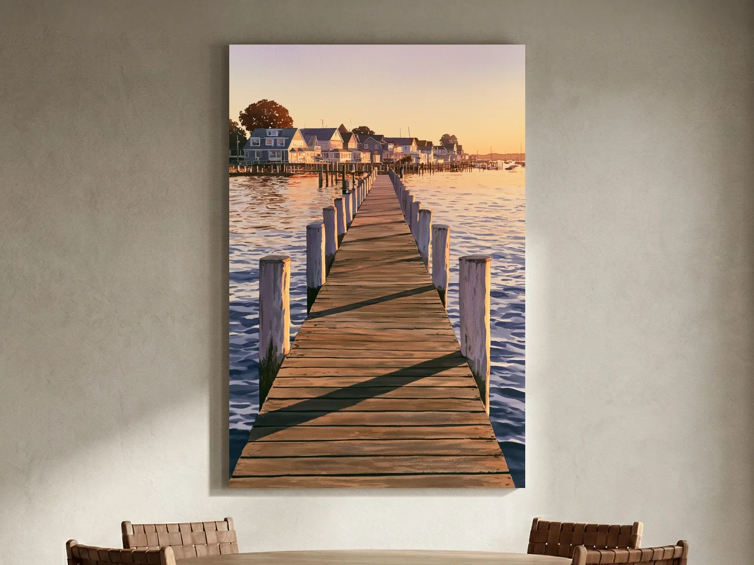 Golden Sunset Pier Village - Serene Nautical Waterfront Wall Art