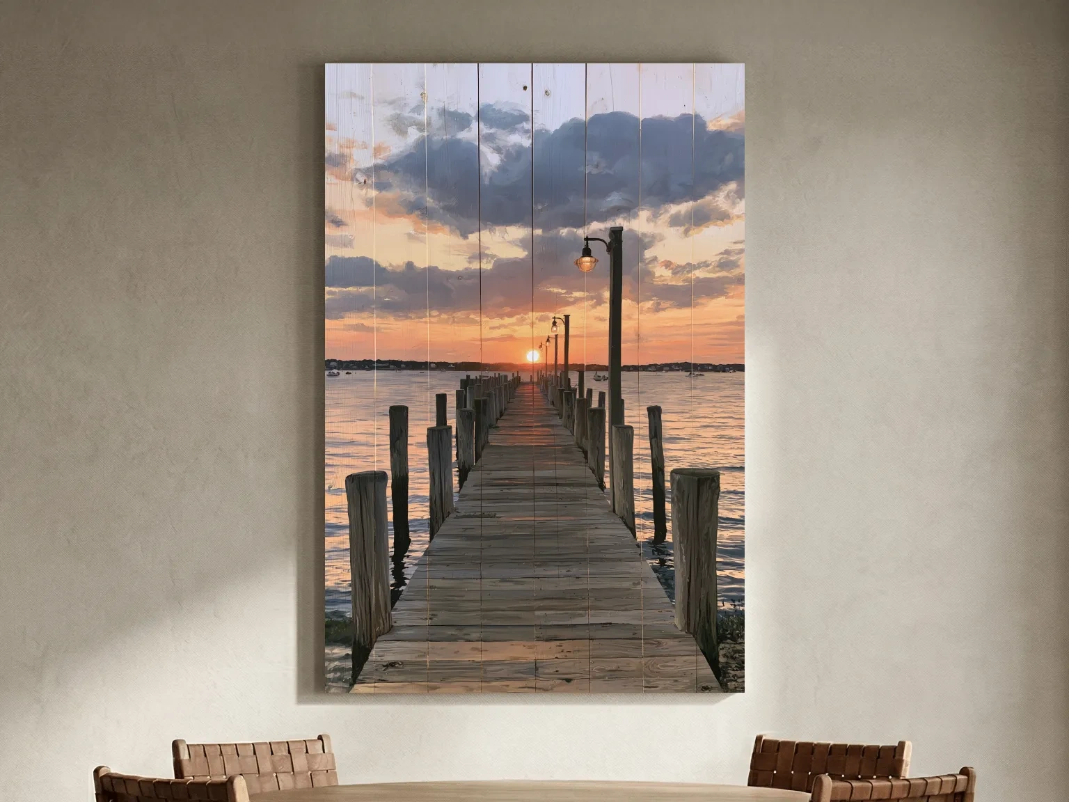 Sunset Pier Painting Reclaimed Wood Effect - Coastal Landscape Wall Art
