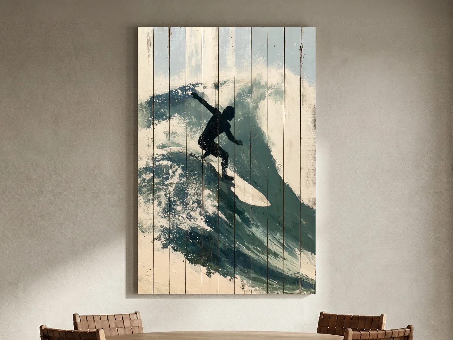 Surfer Silhouette Riding Wave Painting - Rustic Coastal Wall Art