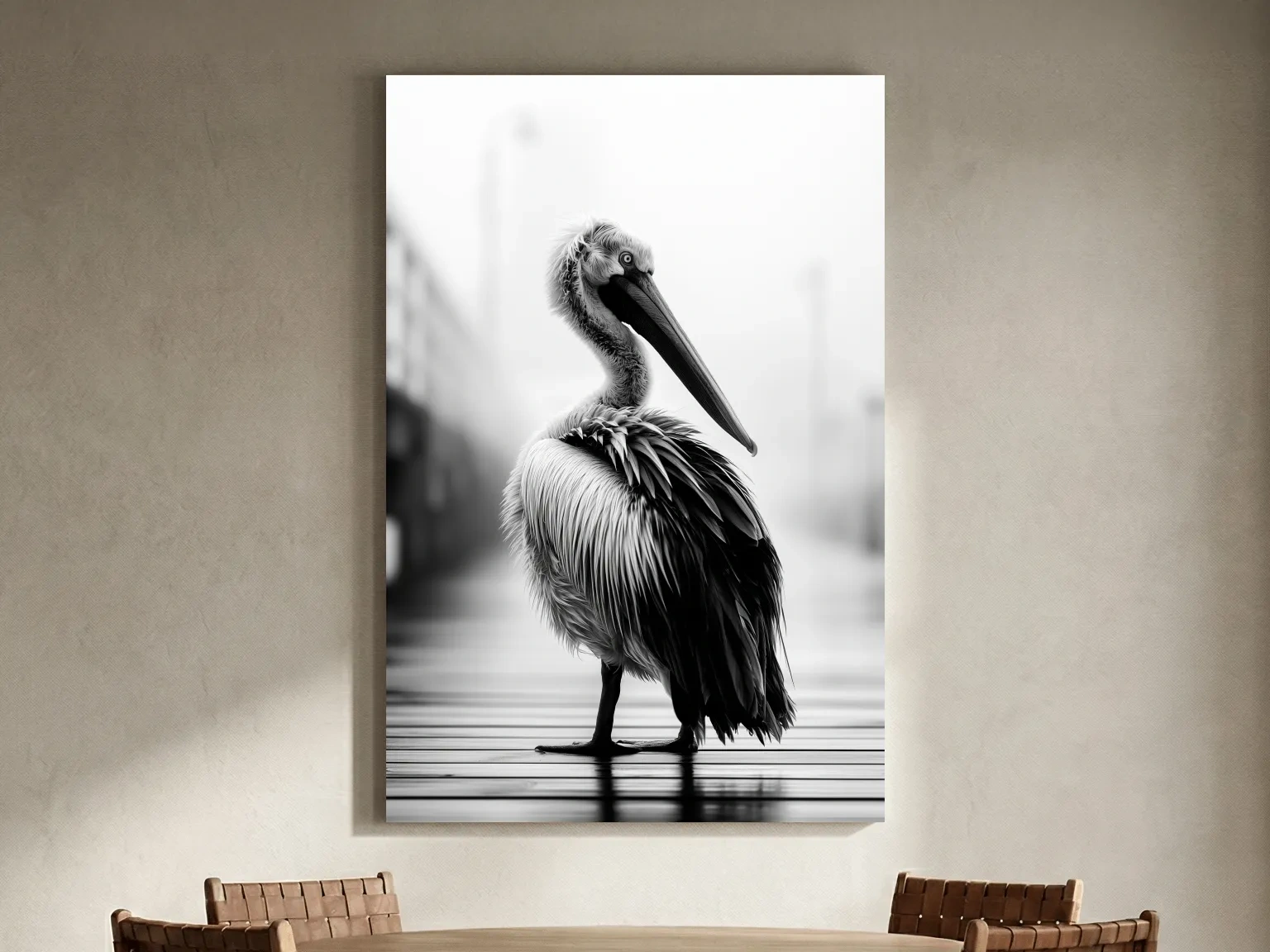 Misty Pelican Pier Portrait - Minimalist Photographic Bird Wall Art