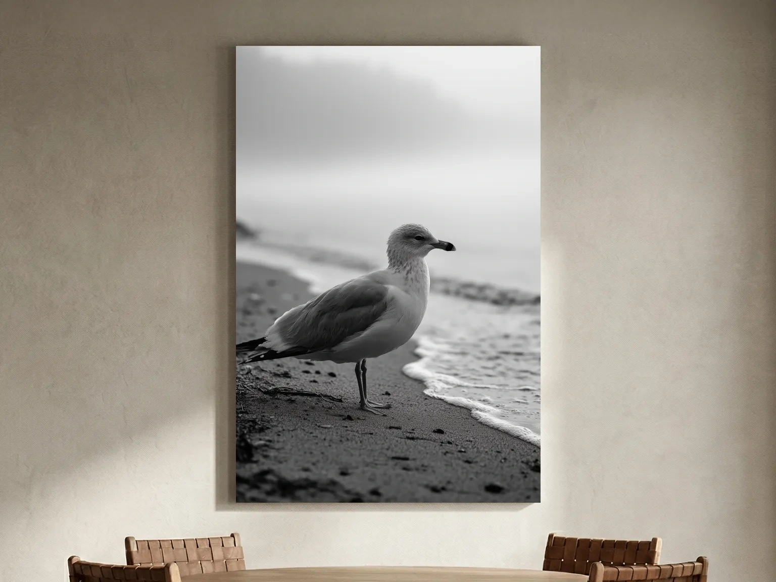 Misty Seagull Beach Scene - Minimalist Photographic Wall Art