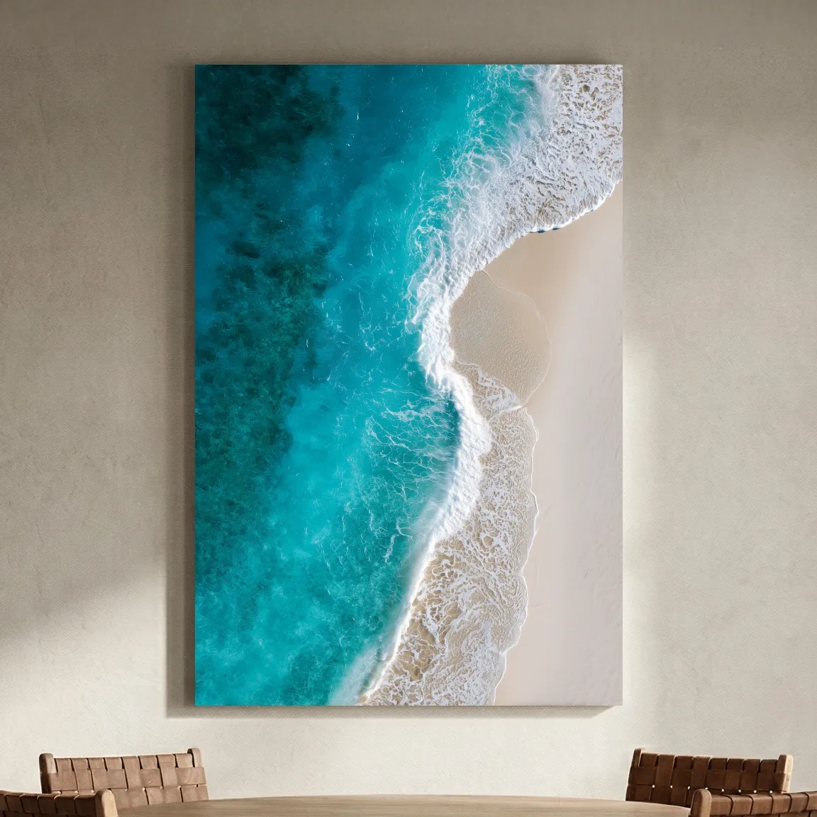 Aerial Tropical Shoreline Waves - Serene Beach Drone Photographic Wall Art