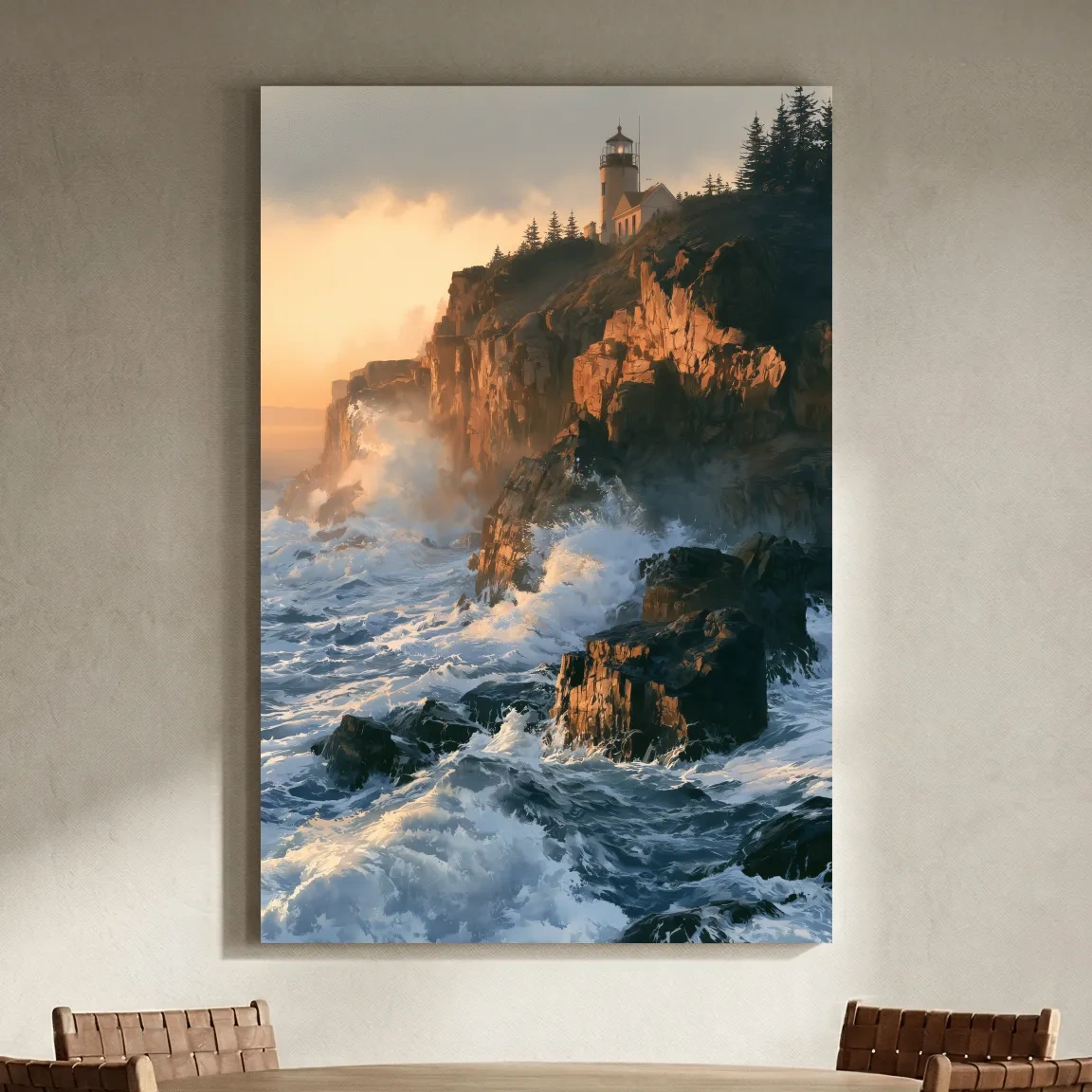 Dramatic Lighthouse Cliff Seascape - Golden Sunset Painting Wall Art