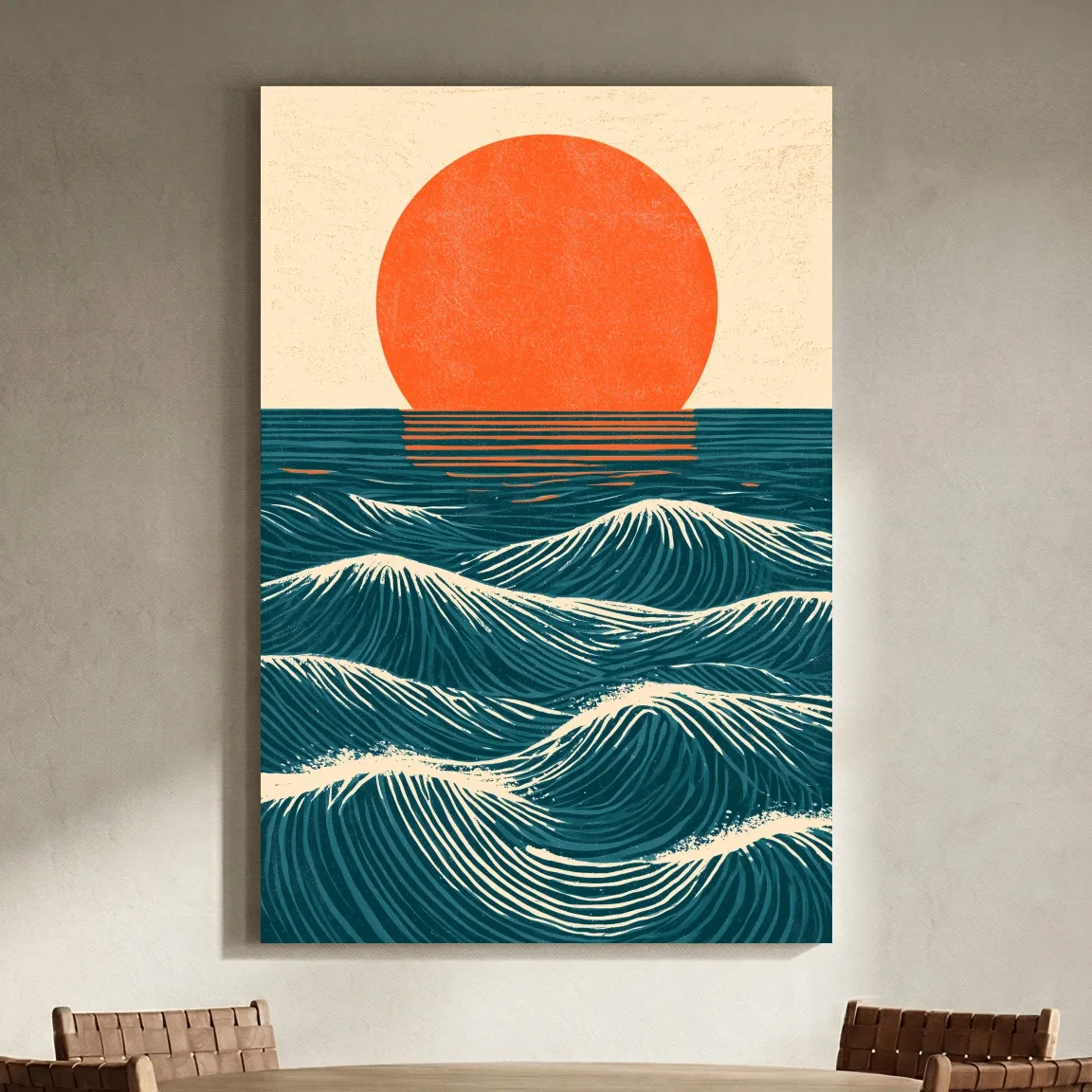 Mid-Century Ocean Waves Sunset - Geometric Illustration Wall Art