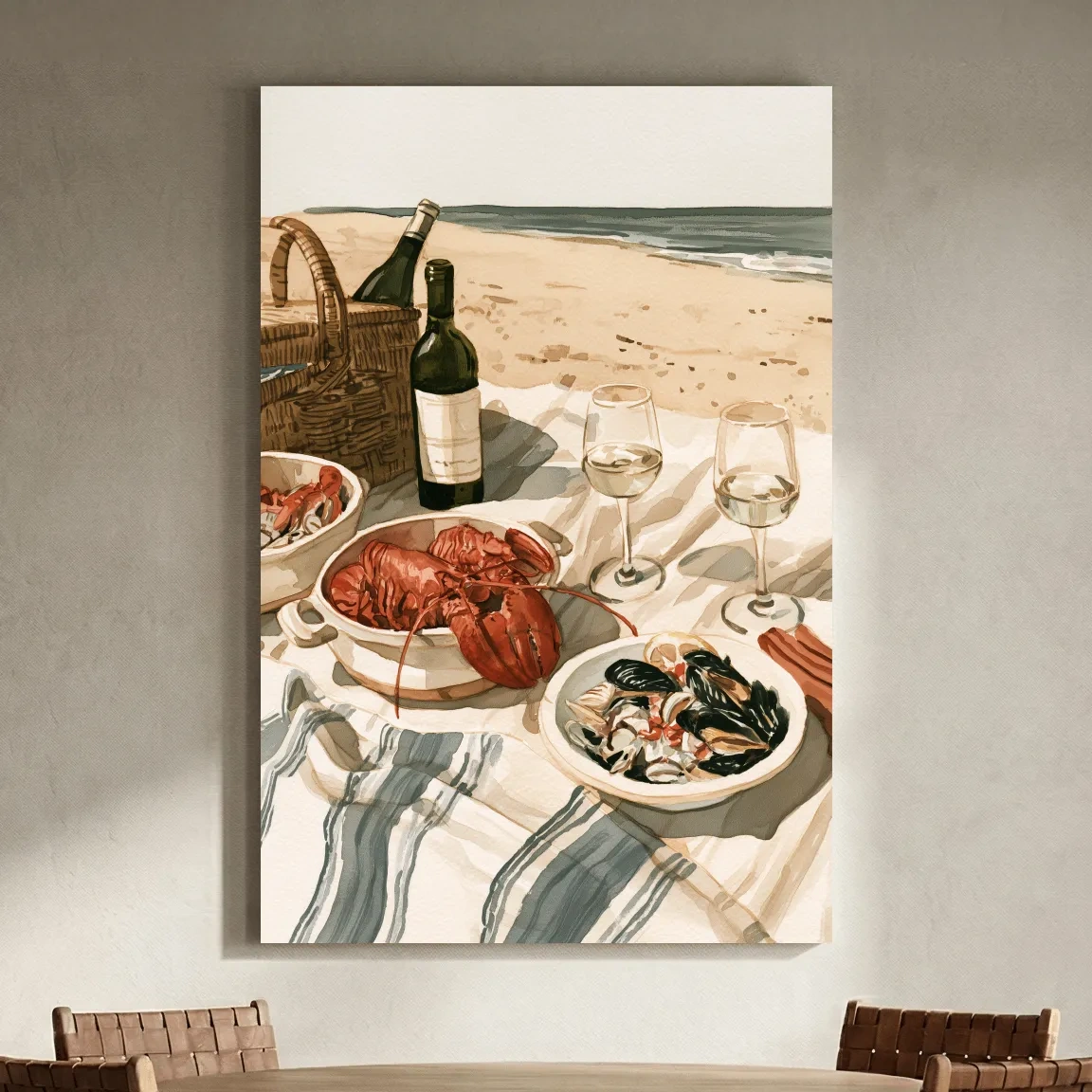 Coastal Lobster Picnic Artwork - Watercolor Beach Wall Art