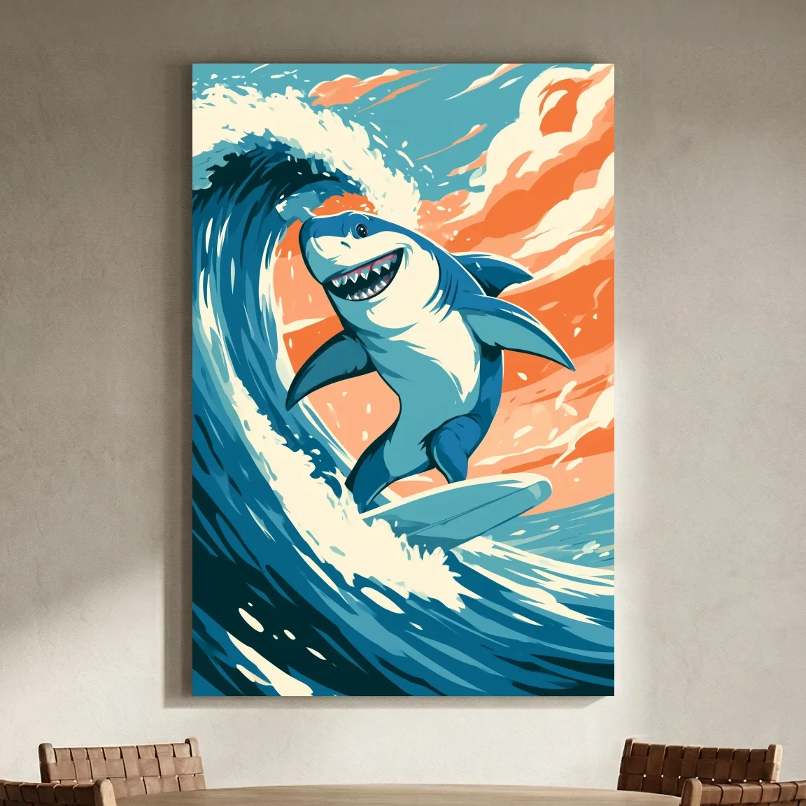 Happy Surfing Shark Vector Illustration - Quirky Marine Life Wall Art