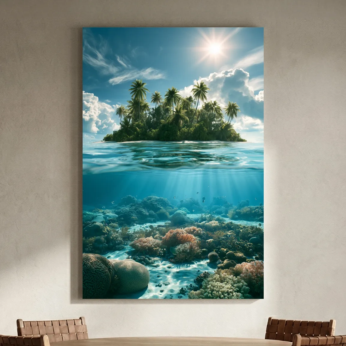 Tropical Island Coral Reef Split-Level - Surreal Photographic Underwater Wall Art