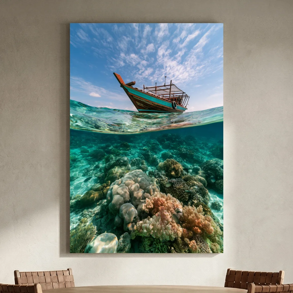 Surreal Tropical Fishing Boat Coral Reef - Underwater Wall Art