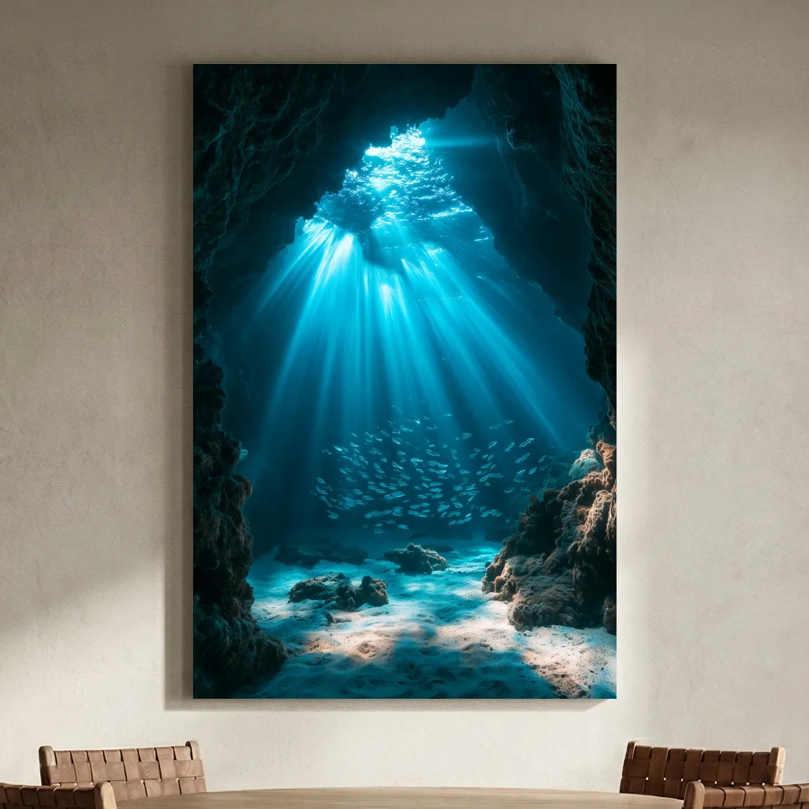 Surreal Underwater Sea Cave Sunbeams - Photographic Marine Life Wall Art