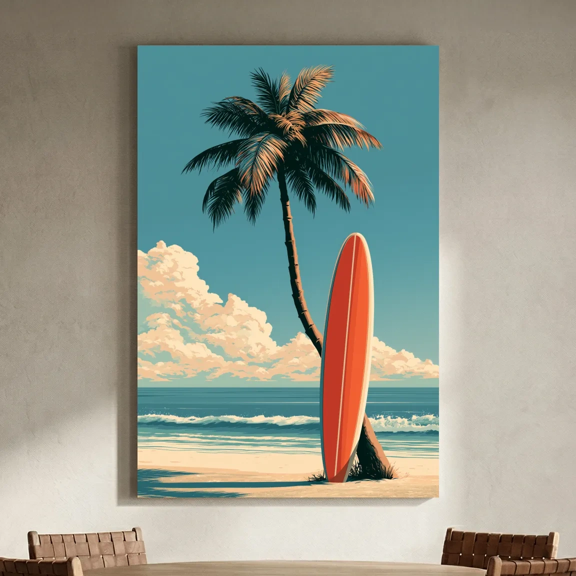 Vintage Surfboard on Palm Beach - Retro Coastal Wall Art