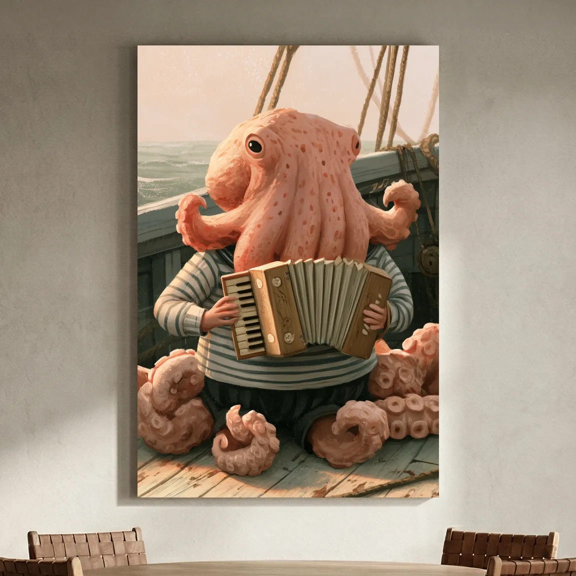 Whimsical Scandi Octopus Accordion Player - Nautical Folk Art Painting