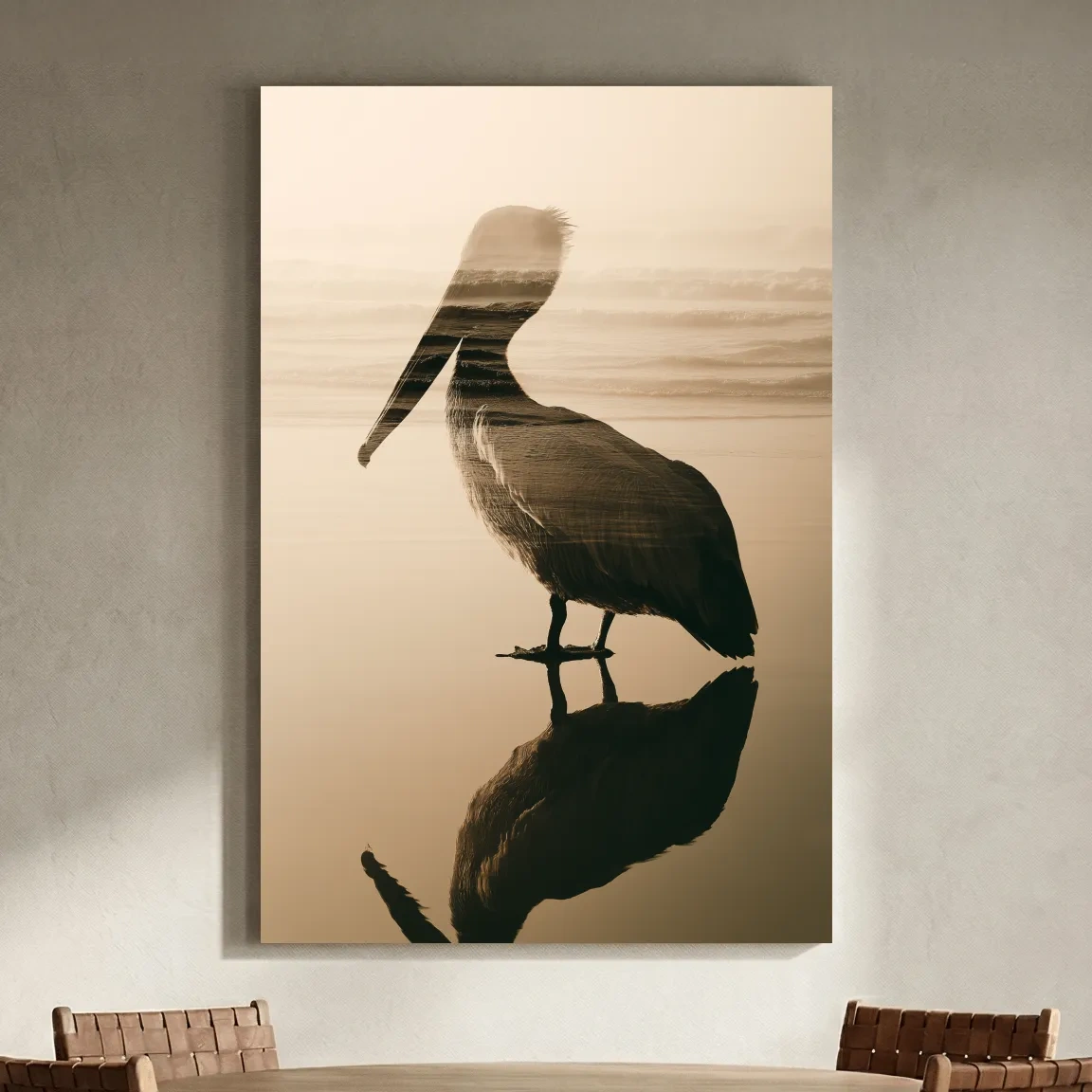 Pelican Double Exposure Silhouette - Minimalist Beach Photographic Wall Art