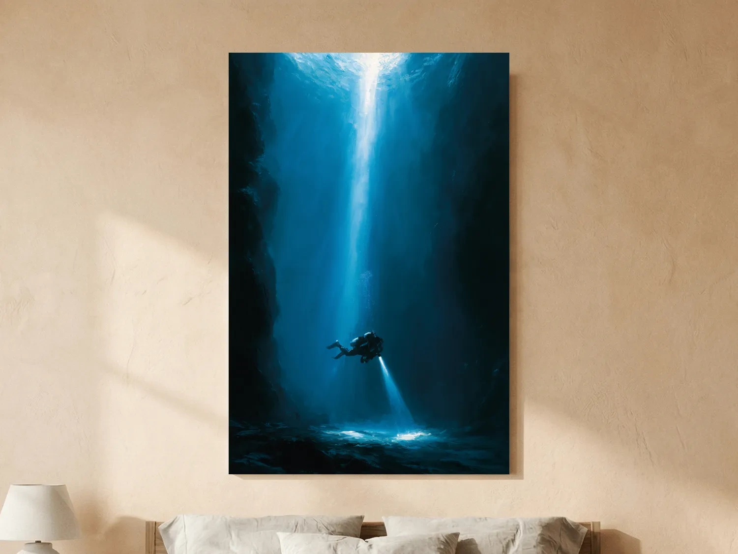 Surreal Underwater Scuba Diver Painting - Dramatic Deep Sea Wall Art