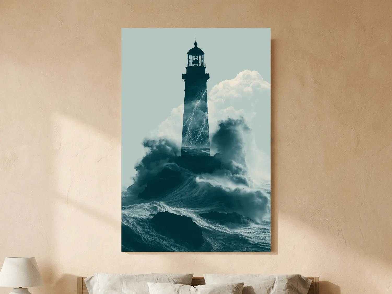 Surreal Storm Lighthouse Double Exposure - Dramatic Ocean Illustration Wall Art