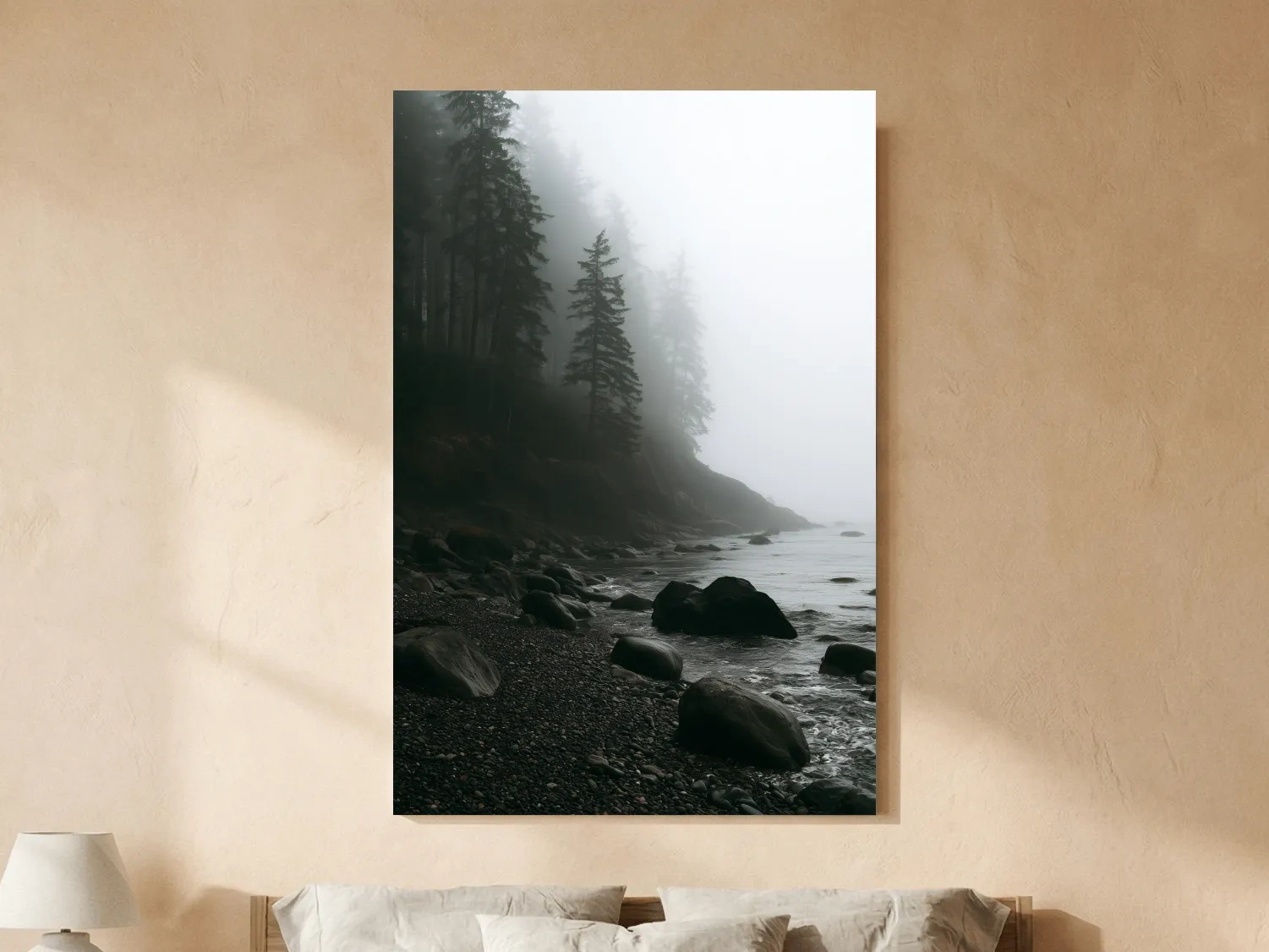Misty Pebble Beach With Foggy Pines - Photographic Coastal Wall Art