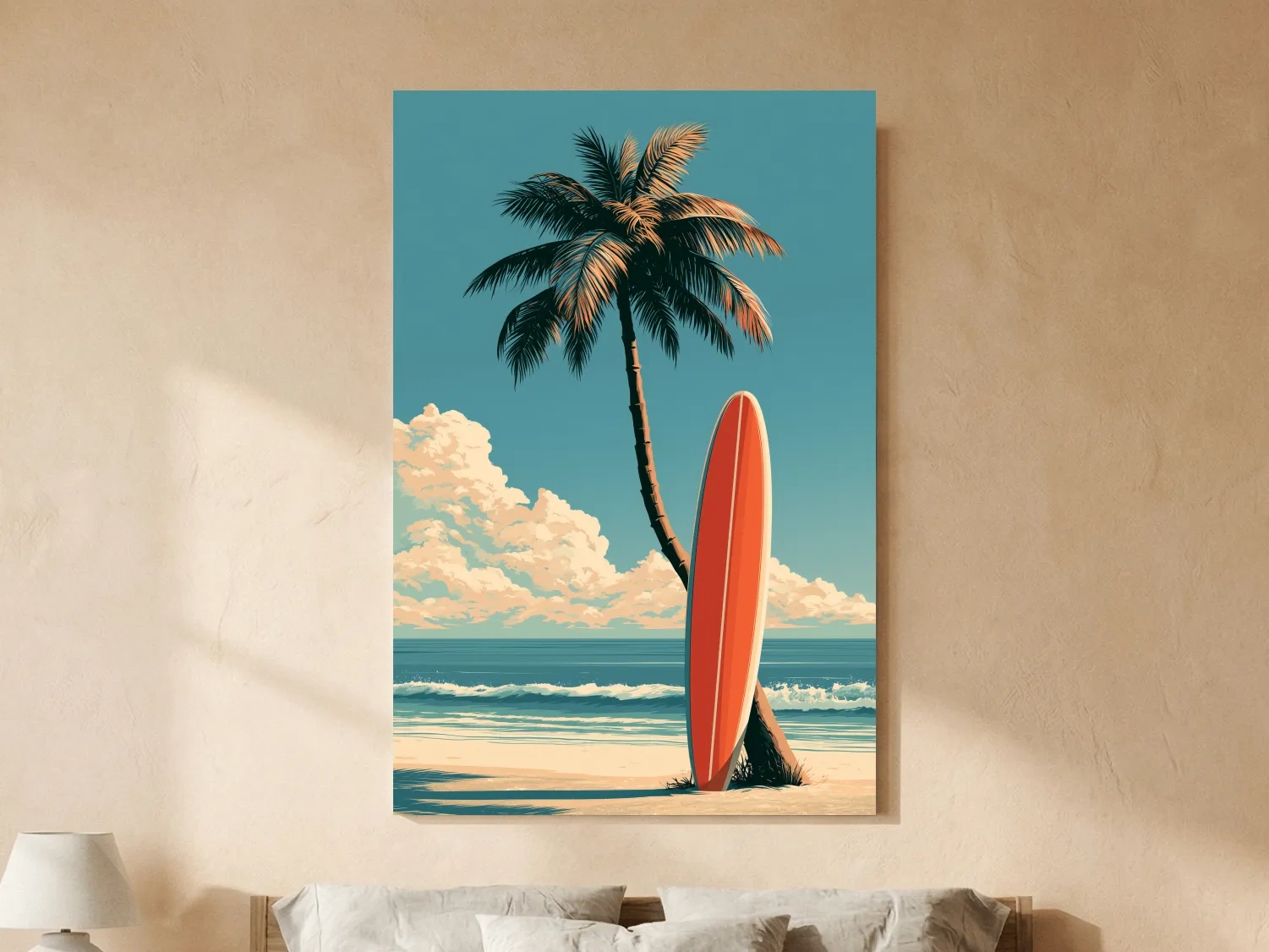 Vintage Surfboard on Palm Beach - Retro Coastal Wall Art