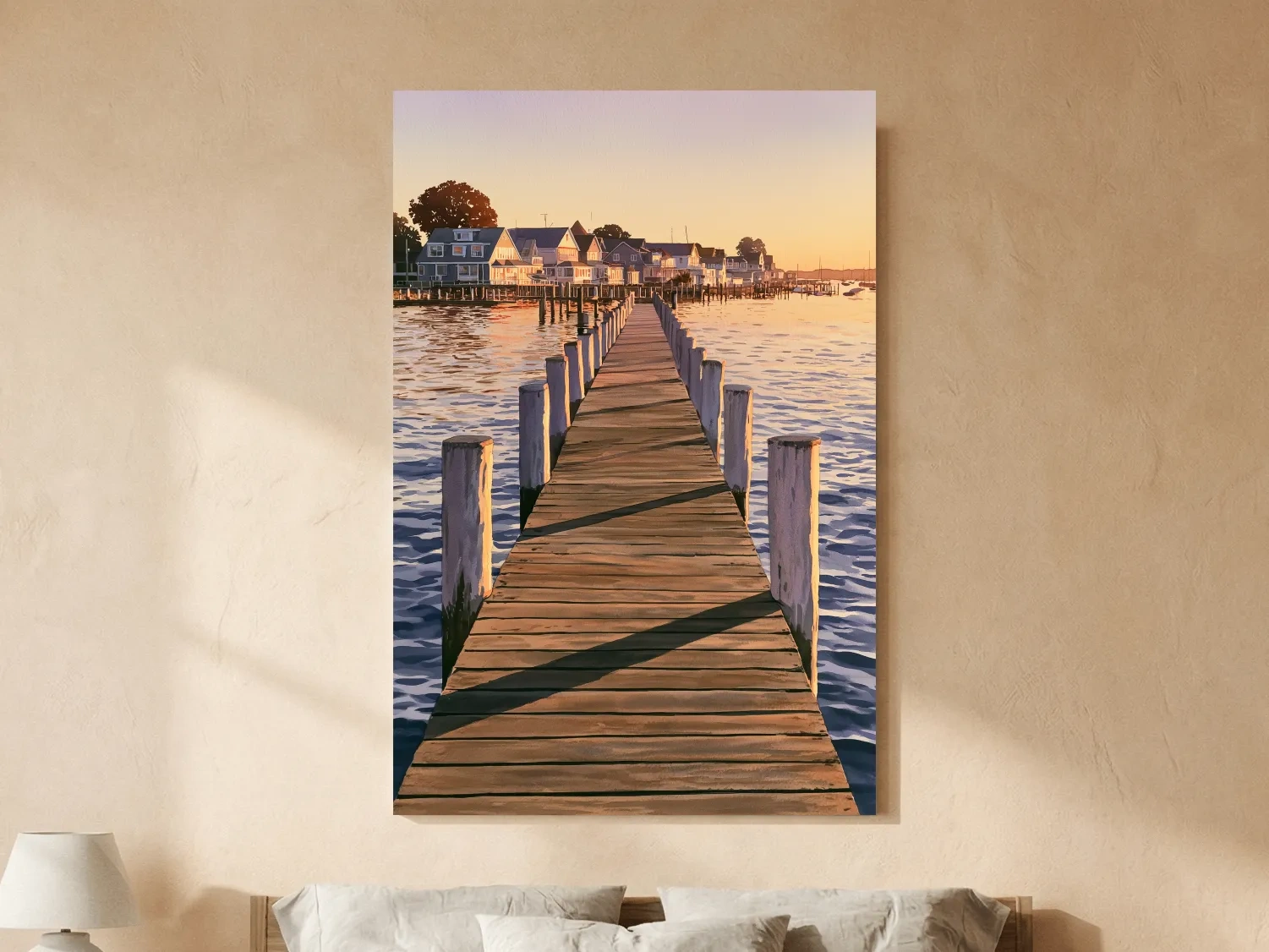 Golden Sunset Pier Village - Serene Nautical Waterfront Wall Art