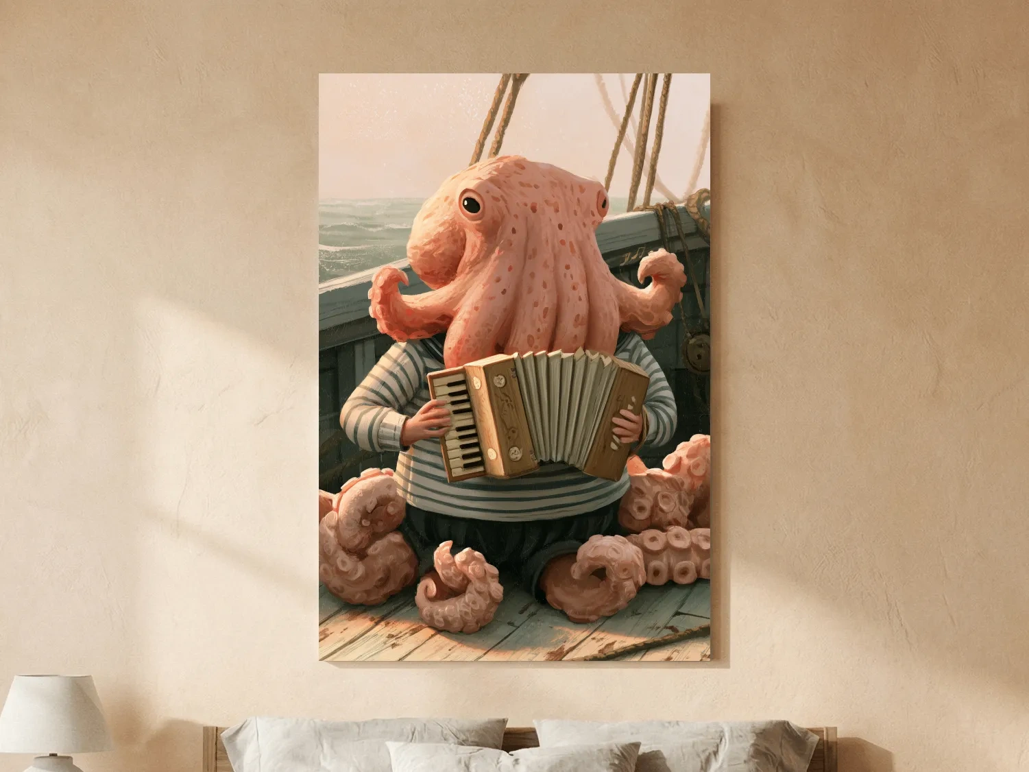 Whimsical Scandi Octopus Accordion Player - Nautical Folk Art Painting
