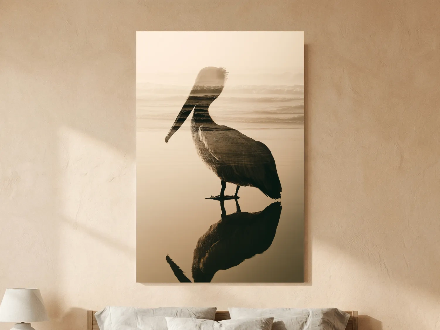 Pelican Double Exposure Silhouette - Minimalist Beach Photographic Wall Art