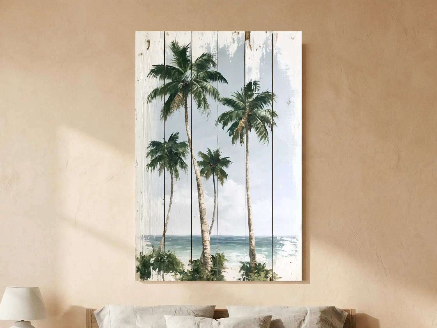Tropical Palm Trees Beach Painting - Rustic Reclaimed Wood Effect Wall Art