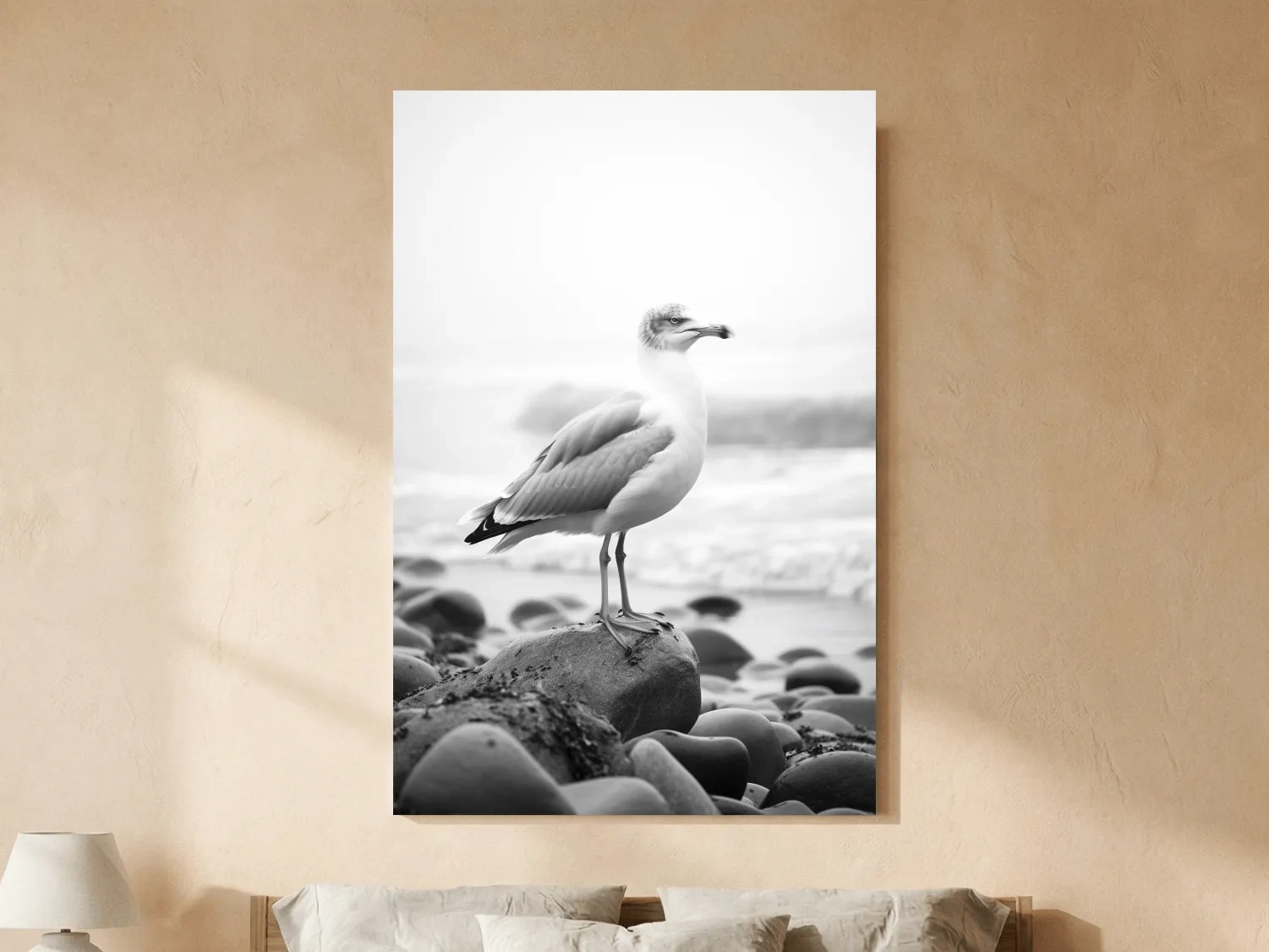 Misty Seagull On Pebble Beach - Minimalist Photographic Wall Art