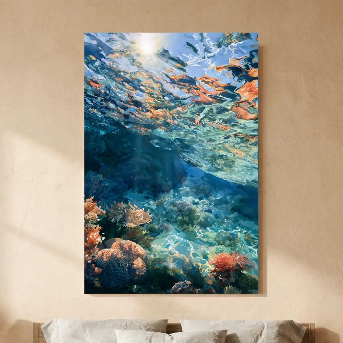 Sunlit Underwater Coral Reef Painting - Vibrant Marine Wall Art