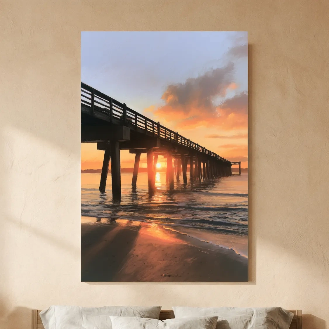 Nostalgic Golden Hour Pier Painting - Beach Sunset Wall Art