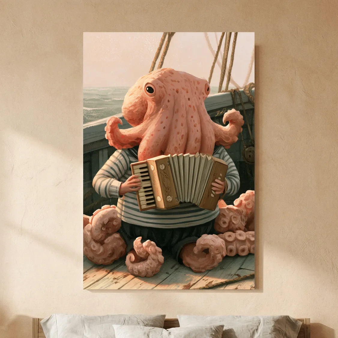 Whimsical Scandi Octopus Accordion Player - Nautical Folk Art Painting