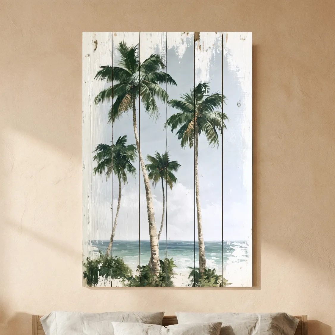 Tropical Palm Trees Beach Painting - Rustic Reclaimed Wood Effect Wall Art