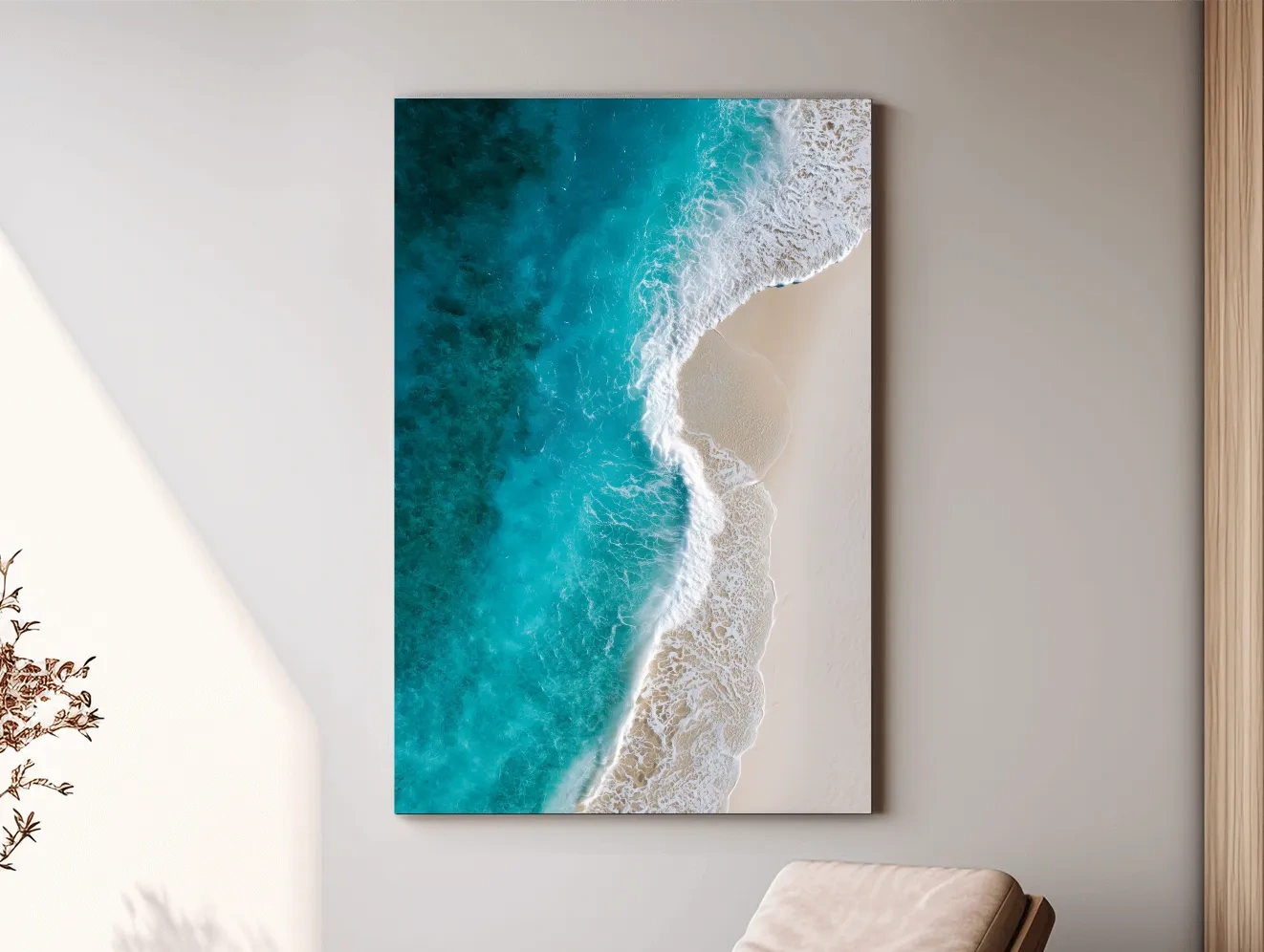 Aerial Tropical Shoreline Waves - Serene Beach Drone Photographic Wall Art