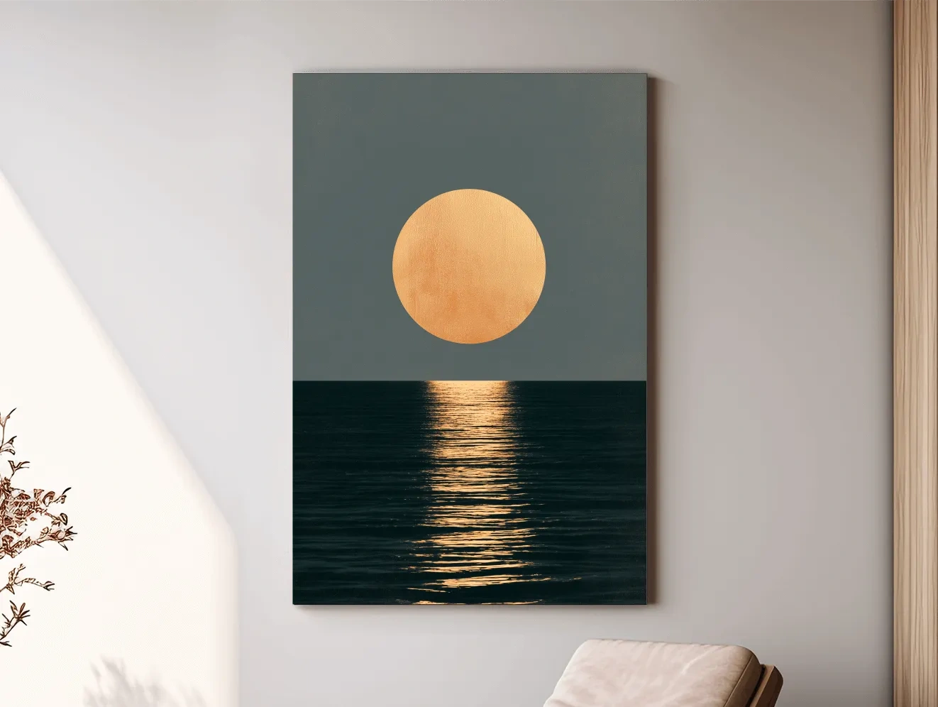 Minimalist Golden Sun Ocean Reflection - Boho Geometric Illustration Wall Art