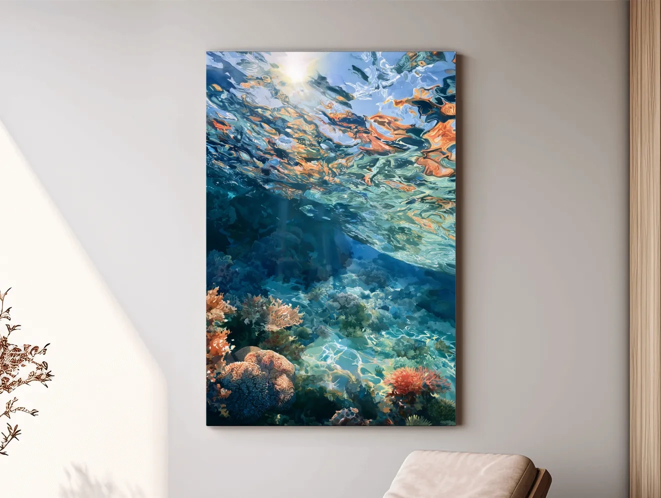 Sunlit Underwater Coral Reef Painting - Vibrant Marine Wall Art
