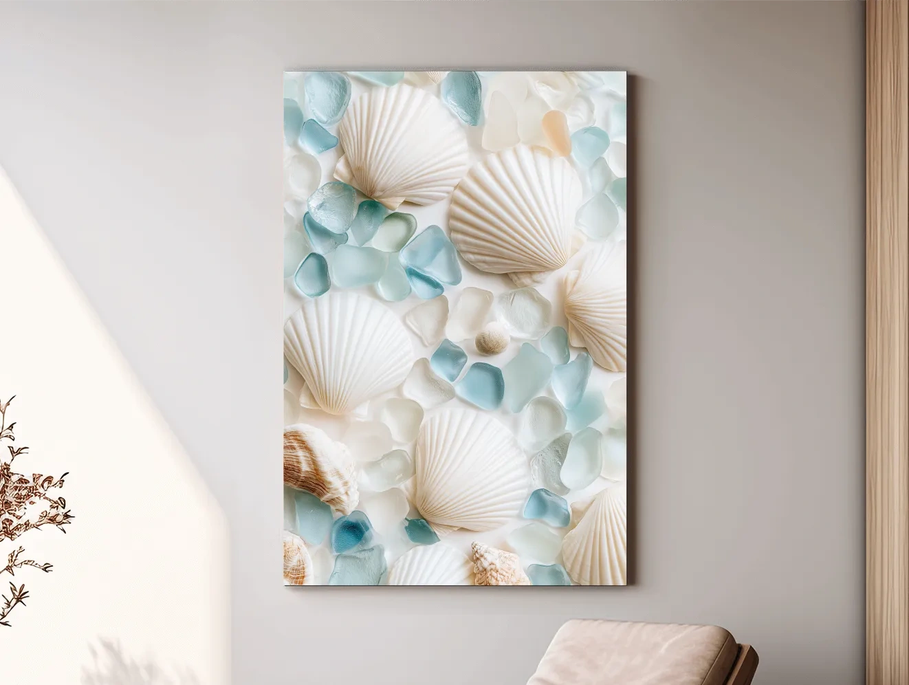 Sea Glass And Seashell Flat Lay - Minimalist Hamptons Photographic Wall Art