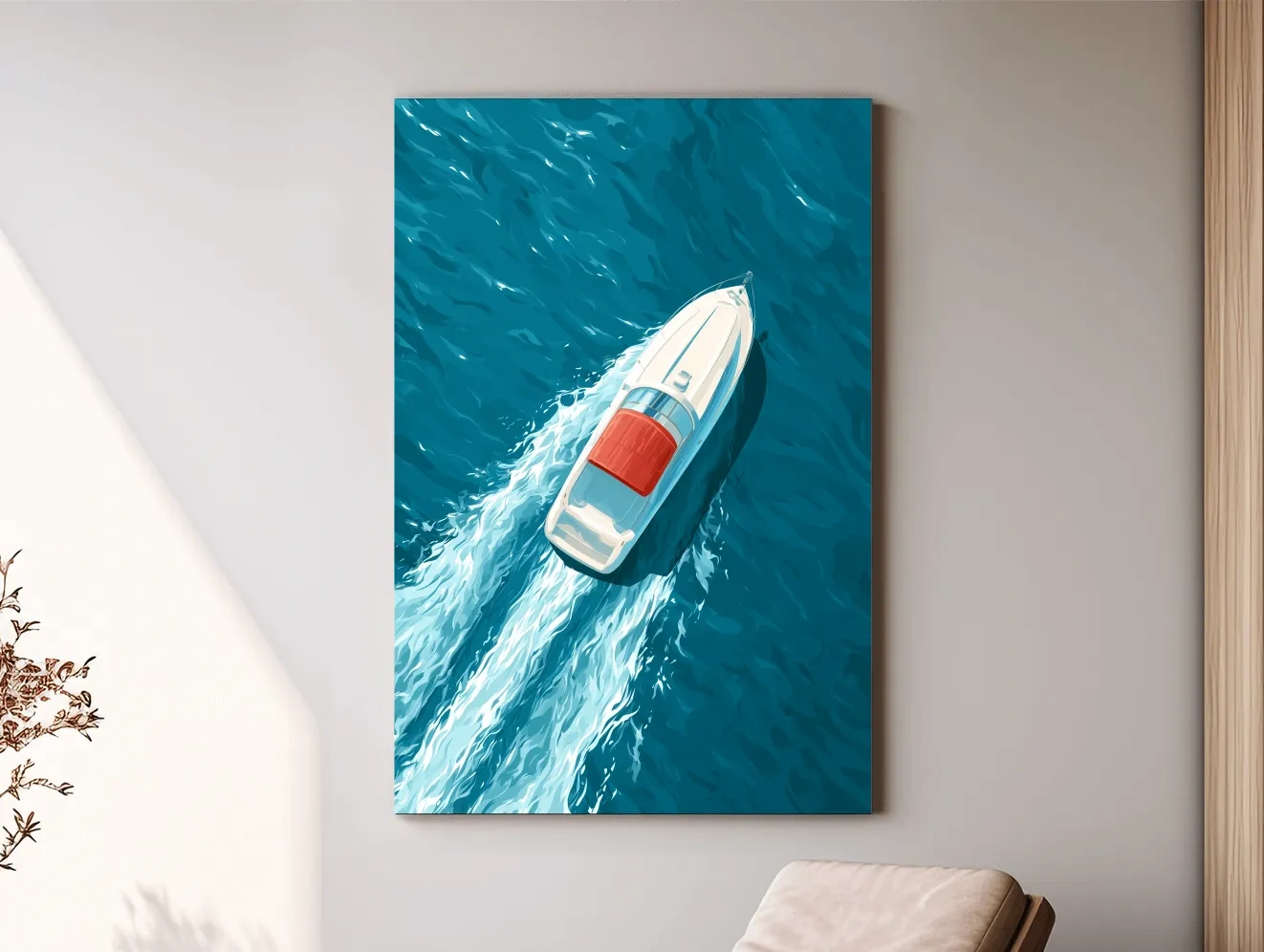 Aerial Speedboat Illustration - Mid-Century Ocean Wall Art