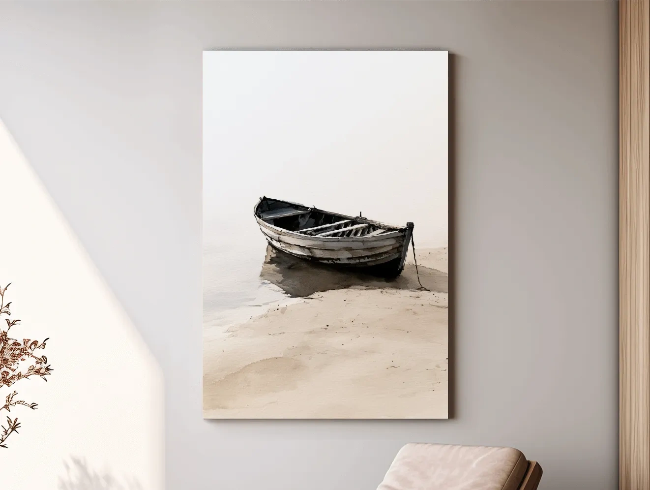 Misty Weathered Rowboat Watercolour - Minimalist Beach Wall Art