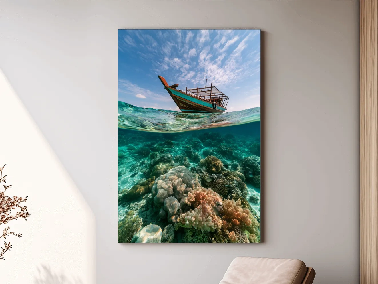 Surreal Tropical Fishing Boat Coral Reef - Underwater Wall Art