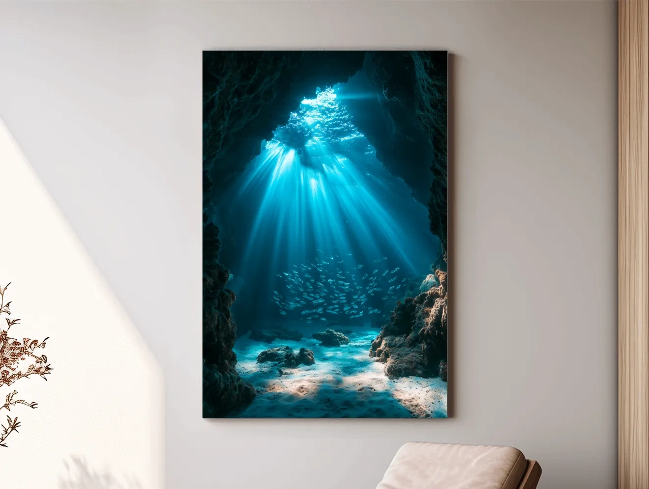 Surreal Underwater Sea Cave Sunbeams - Photographic Marine Life Wall Art