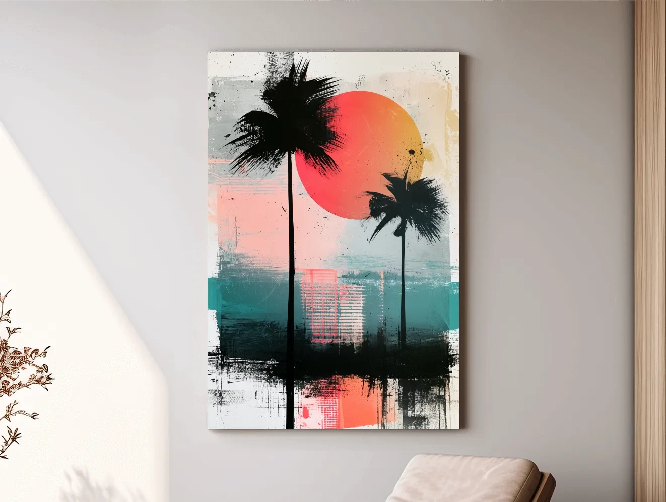 Abstract Tropical Palm Sunset Painting - Modern Paradise Wall Art
