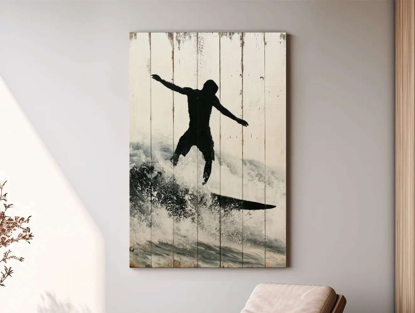 Surfer Silhouette Painting - Rustic Reclaimed Wood Artwork