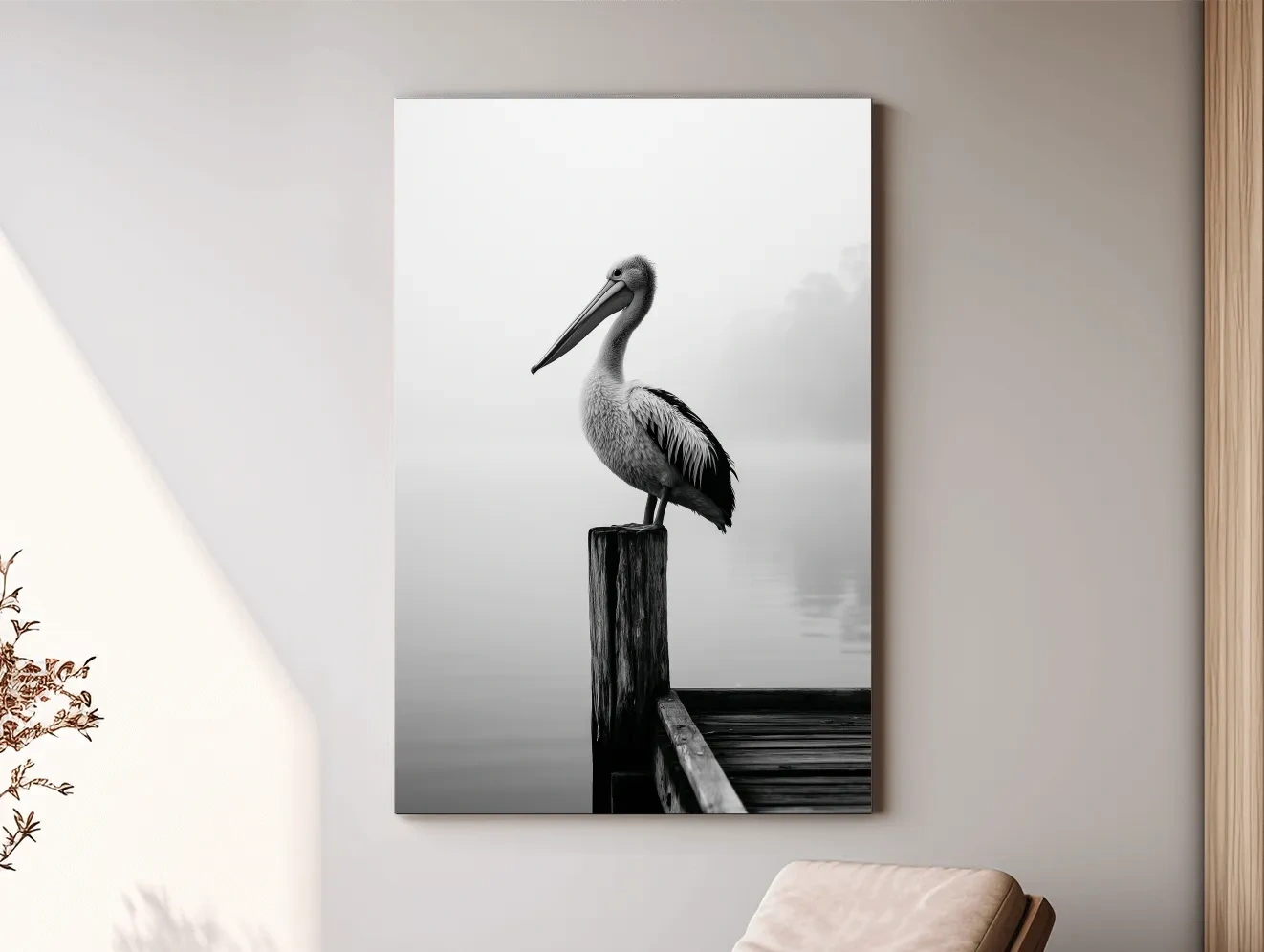 Misty Pelican On Pier - Minimalist Photographic Wall Art