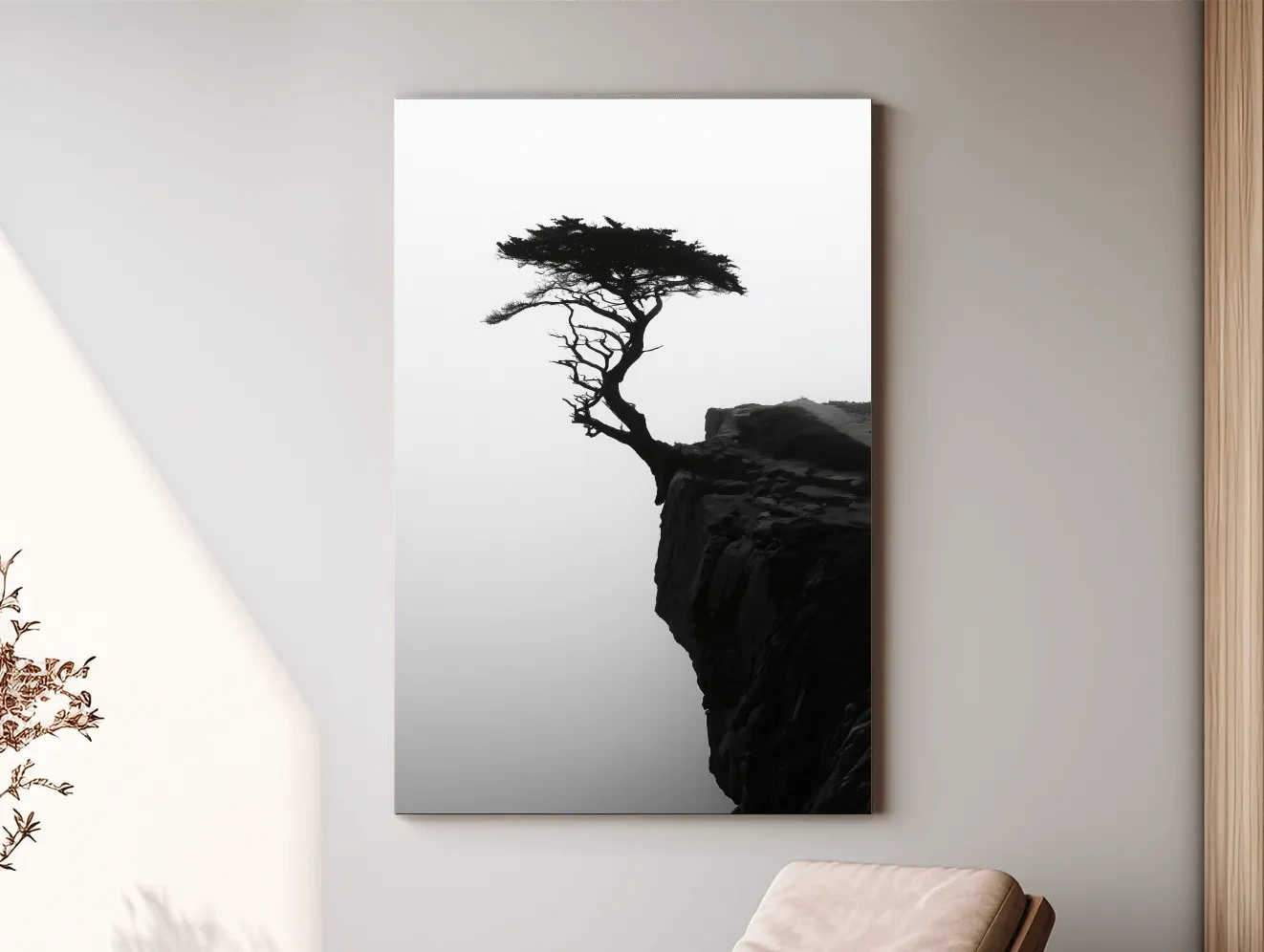 Misty Cypress Silhouette Cliff - Minimalist Photographic Wall Art