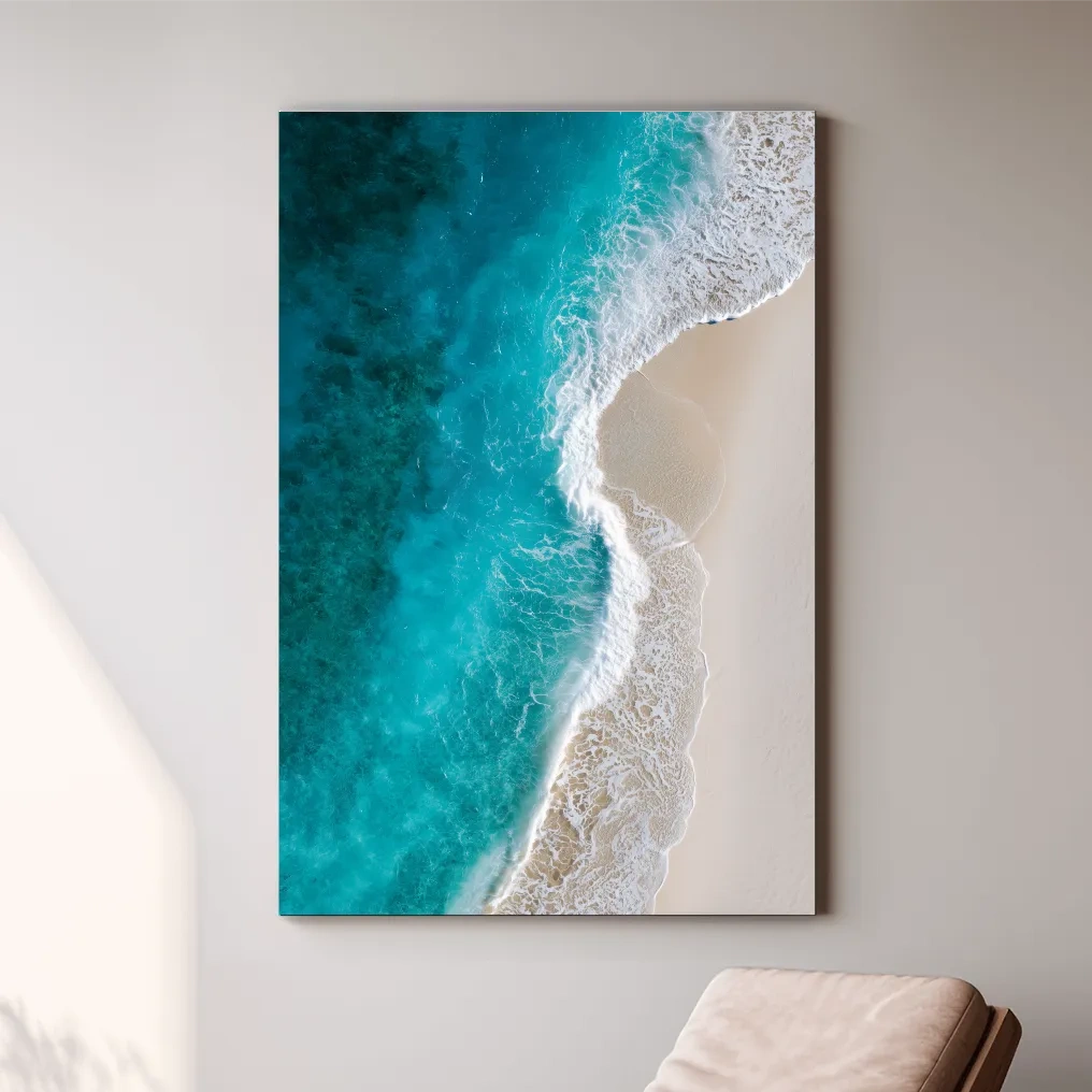 Aerial Tropical Shoreline Waves - Serene Beach Drone Photographic Wall Art