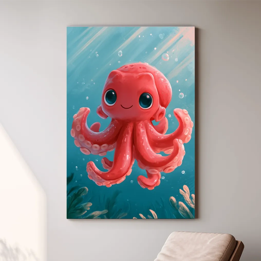 Cute Baby Squid Underwater Painting - Whimsical Marine Life Nursery Art
