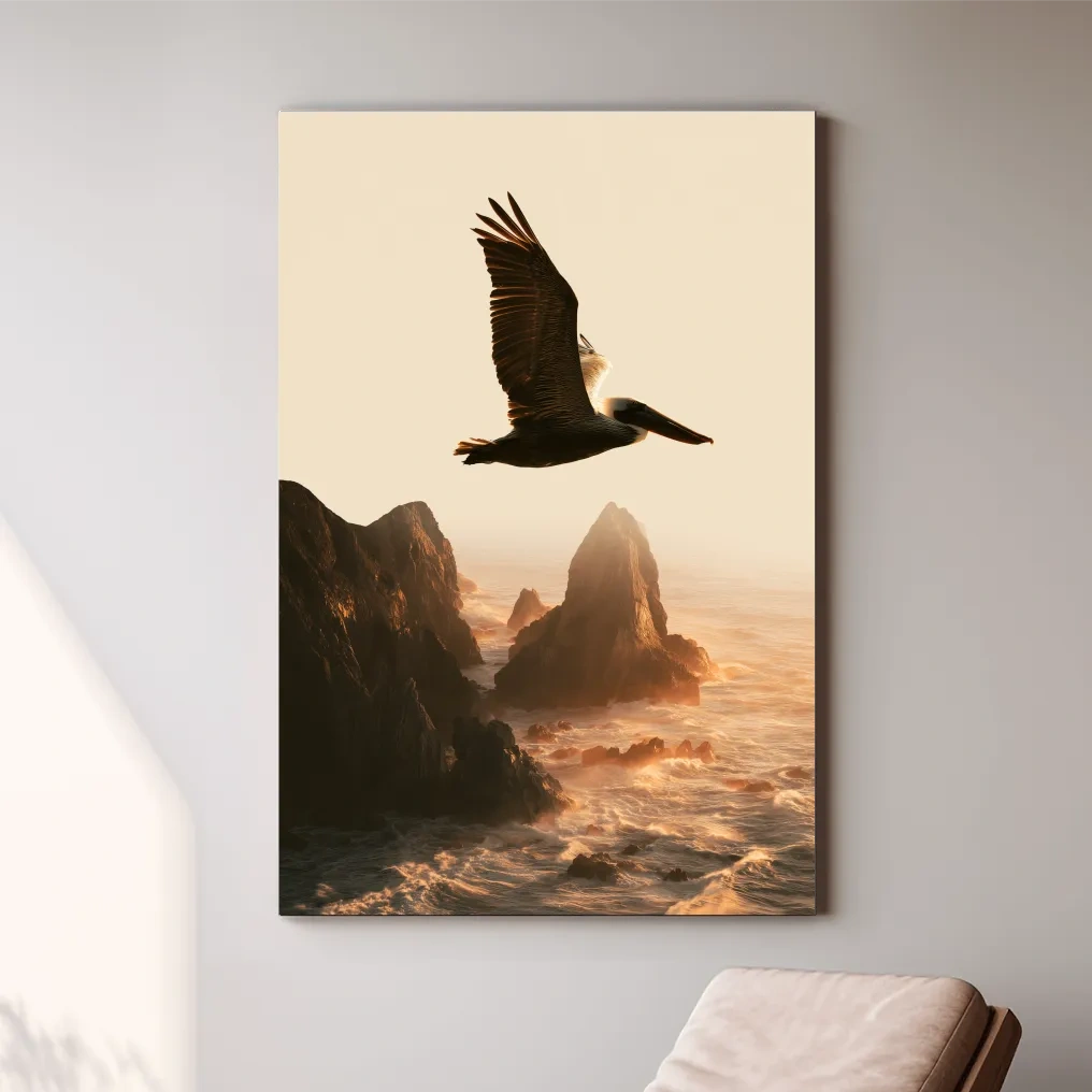 Golden Hour Pelican Flight - Dramatic Coastal Cliff Photographic Wall Art