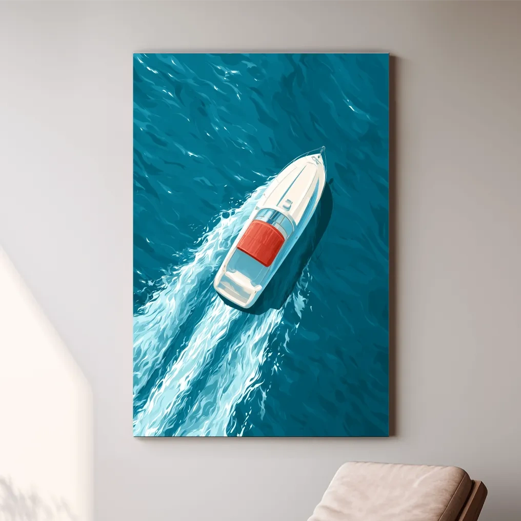Aerial Speedboat Illustration - Mid-Century Ocean Wall Art