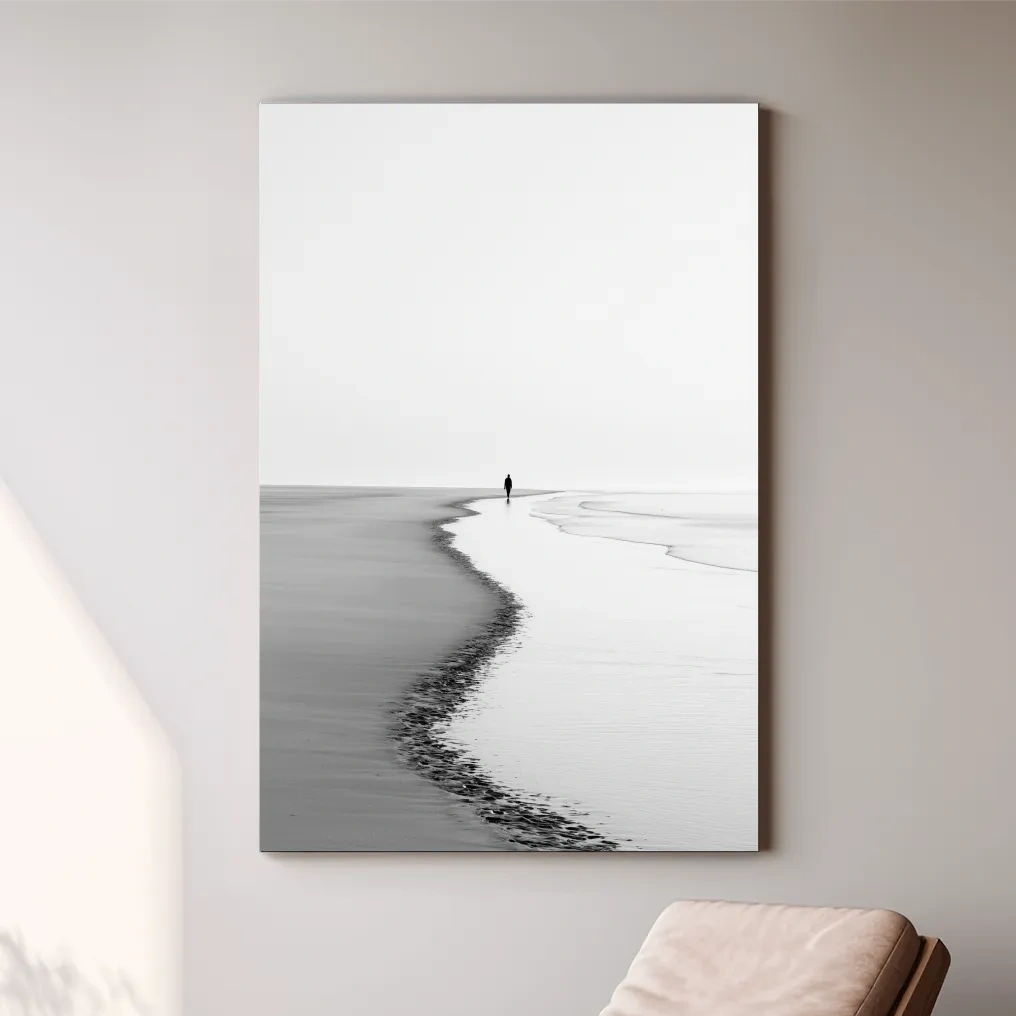Misty Solitary Figure Beach Painting - Minimalist Black and White Wall Art