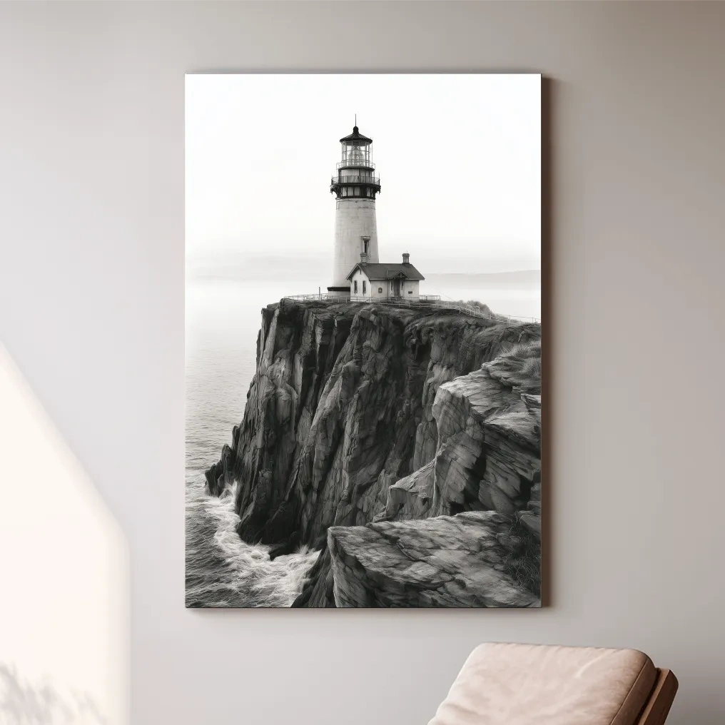 Dramatic Cliffside Lighthouse Drawing - Monochrome Coastal Wall Art