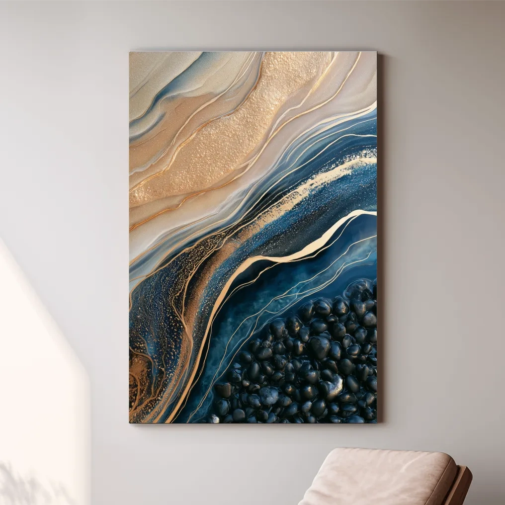 Layered Beach Strata and Pebbles - Abstract Mixed Media Wall Art